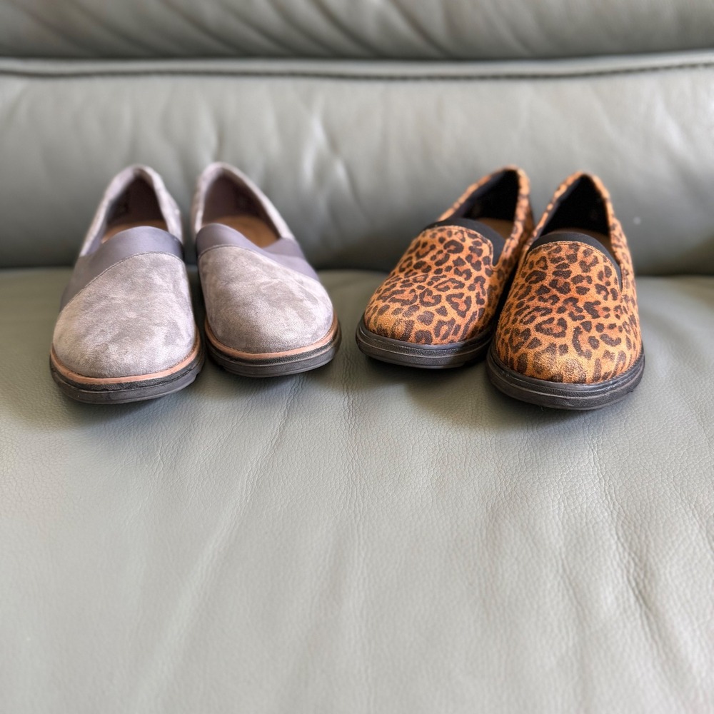 Clarks Collection Sharon Dolly Leopard Print Suede Wedge Slip On Loafers 5.5 M